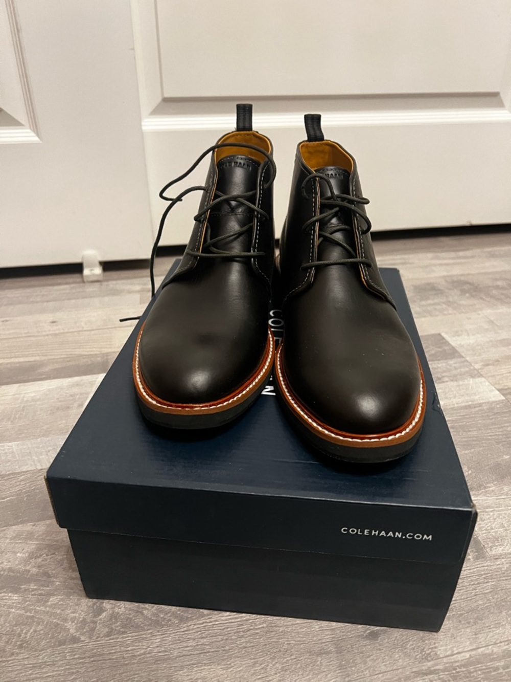 Cole Haan Black Leather Chukka Boots with Brown Welt